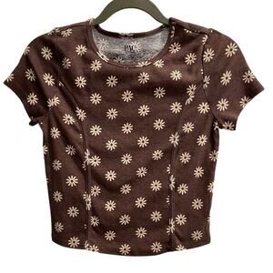 PacSun Size L Large Brown Babydoll Knit T-Shirt with Cream Flowers